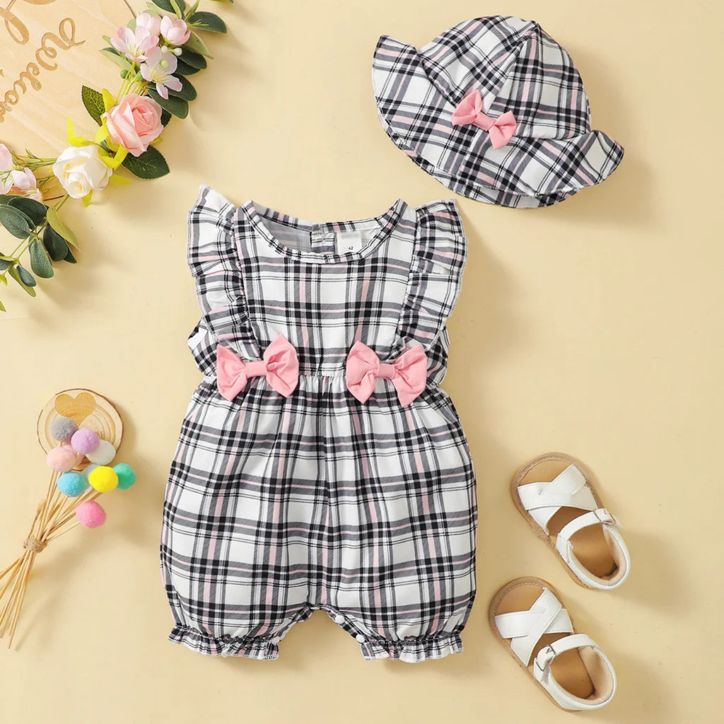 Bambino's Geruite Romper En Hoed Set