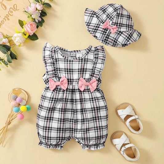 Bambino's Geruite Romper En Hoed Set