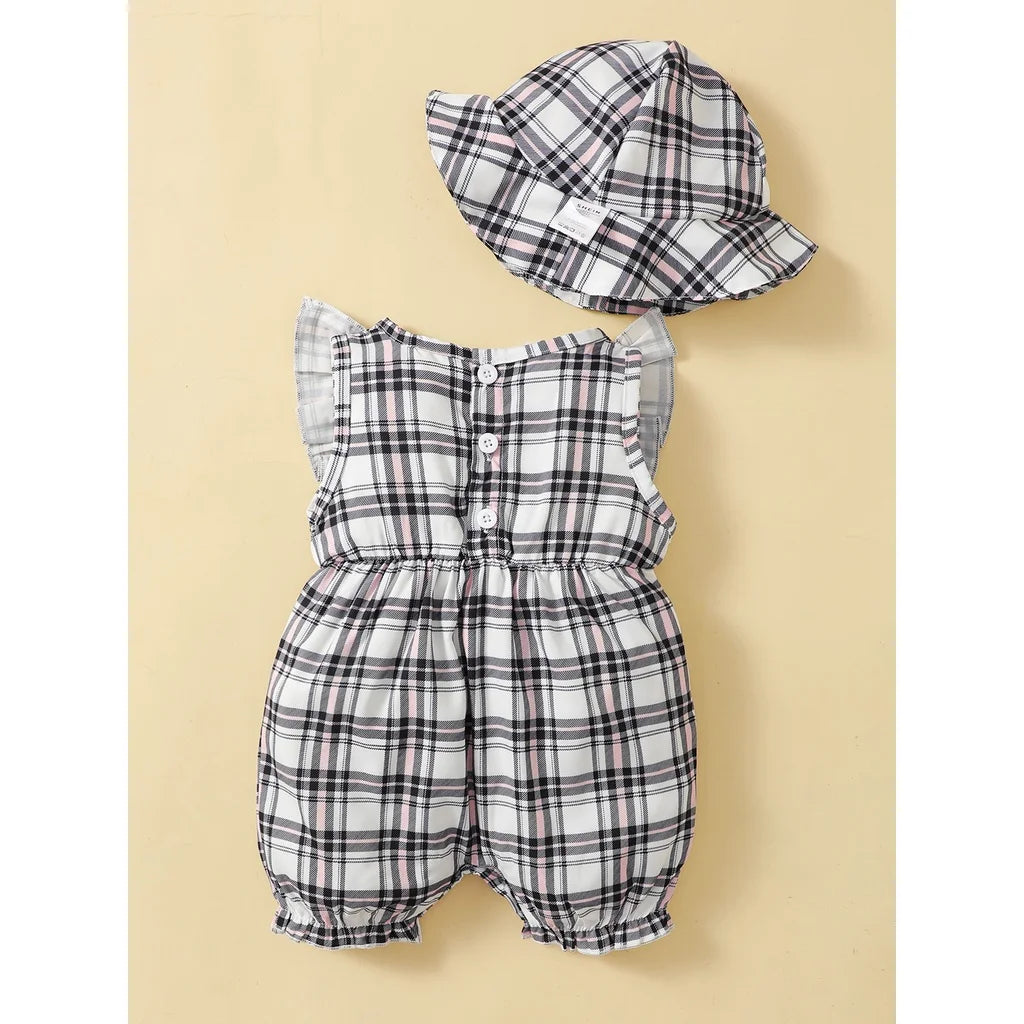 Bambino's Geruite Romper En Hoed Set