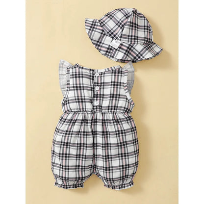 Bambino's Geruite Romper En Hoed Set